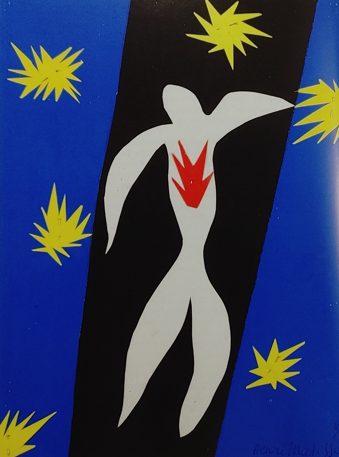作品小檔案｜〈伊卡洛斯〉 Icarus  年份：1947  系列：《Jazz》  材質：gouache-painted paper cut and pasted on paper, printed as pochoir（彩紙拼貼、再以模板印刷方式出版）  尺寸：原始剪紙約 41 × 65 公分（出版版本尺寸略有差異）  出版：Tériade, Paris（1947 年限量版藝術書）  收藏地：〈伊卡洛斯〉原作剪紙現存於尼斯馬克博物館（Musée Matisse, Nice），印刷版分散於多個美術館與私人收藏